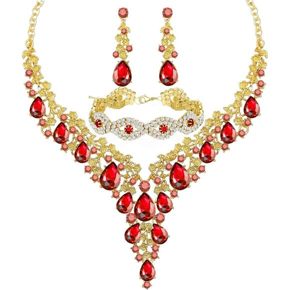 🆕Women Red Crystal Jewelry Statement Choker Necklace Earrings Bracelets Set - Picture 1 of 7